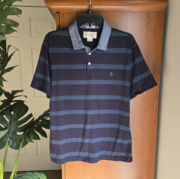 Original Penguin Men's Navy Blue With Blue Striped Polo And Blue Collar Large - Picture 1 of 4